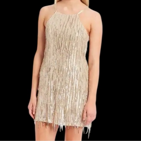 Speechless Elegant Champagne Fringe Mini Dress Women’s XL - Picture 1 of 6